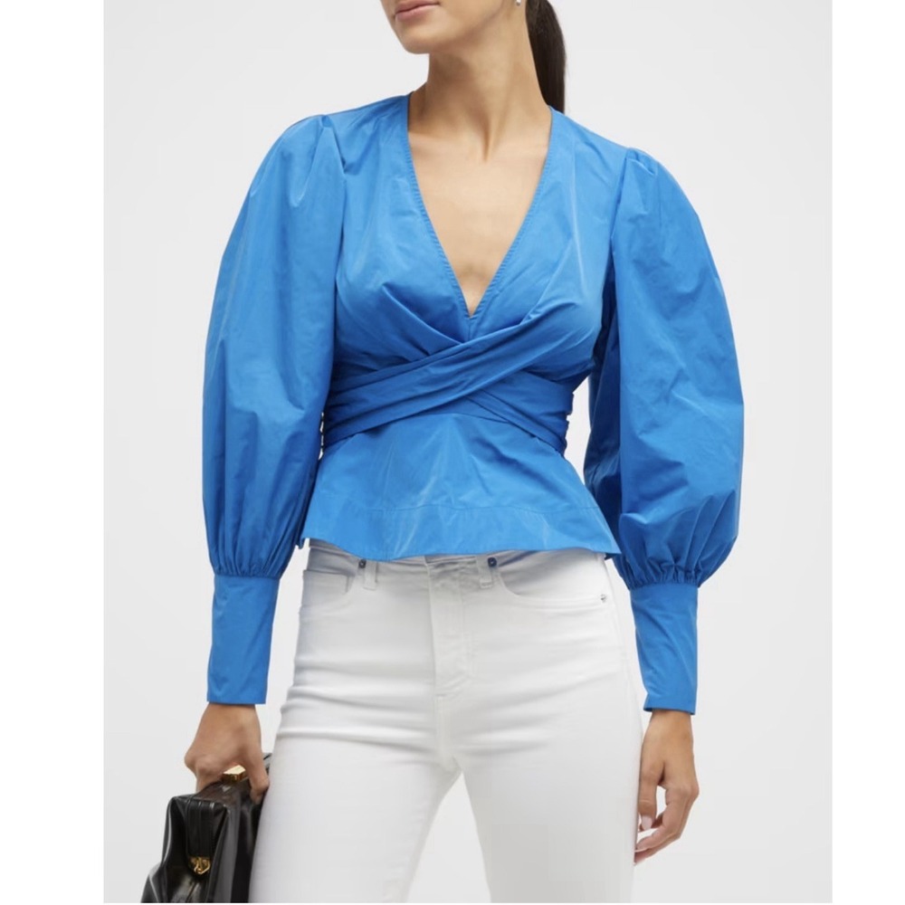 Veronica Beard Seema Crisscross Blouse Blue Long Puff-Sleeve Top Sz 12 NEW